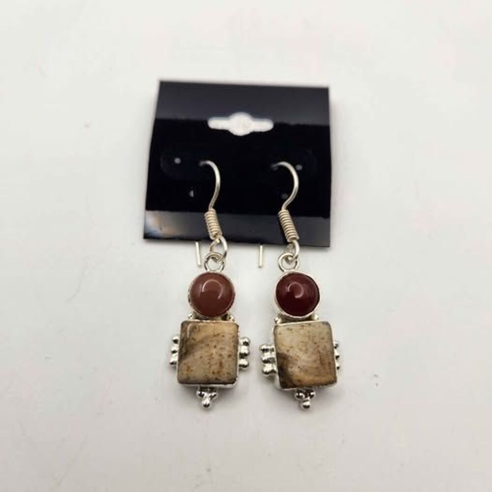 Jasper Carnelian Dangle Earrings Silver Tone Square Round Stone Boho